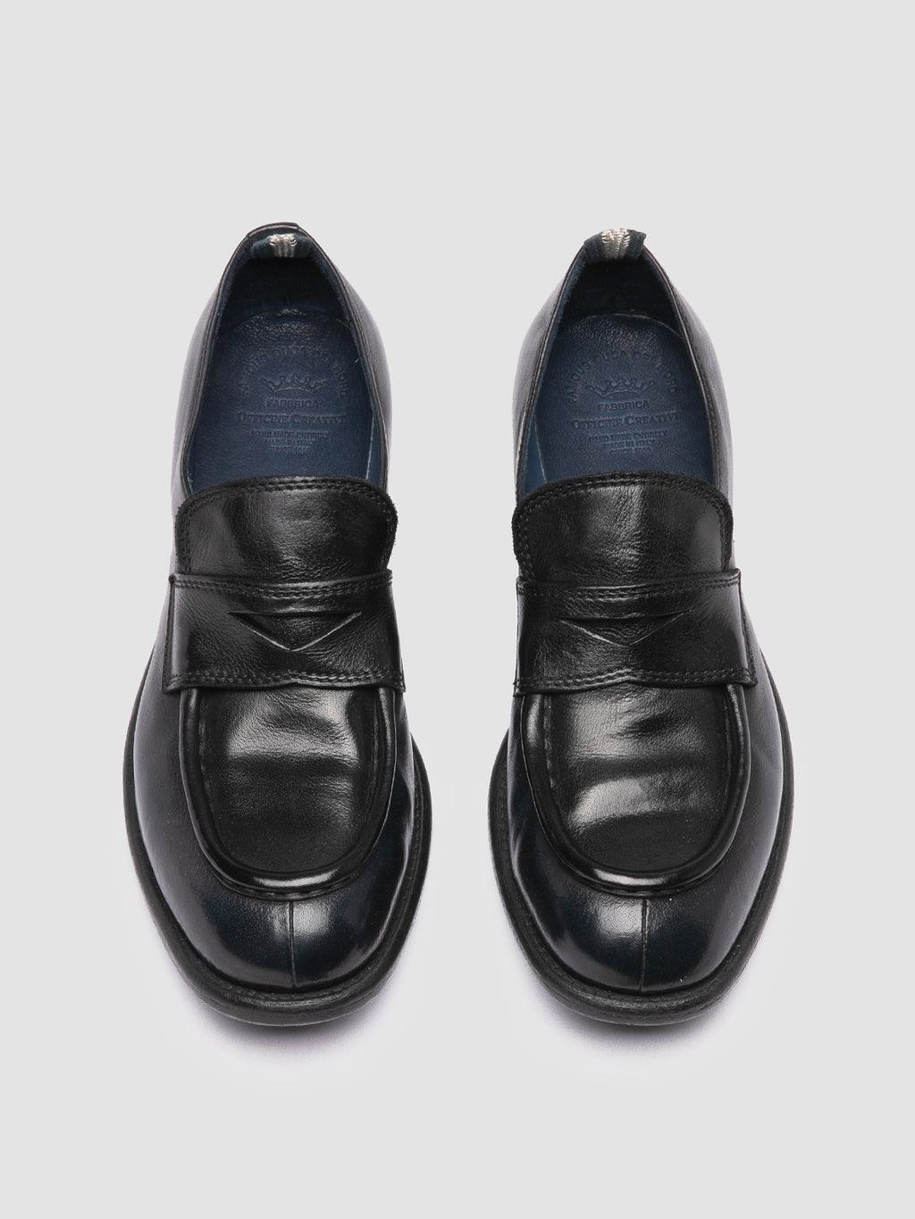 CALIXTE 020 - Navy Leather Penny Loafers - image 2,side view